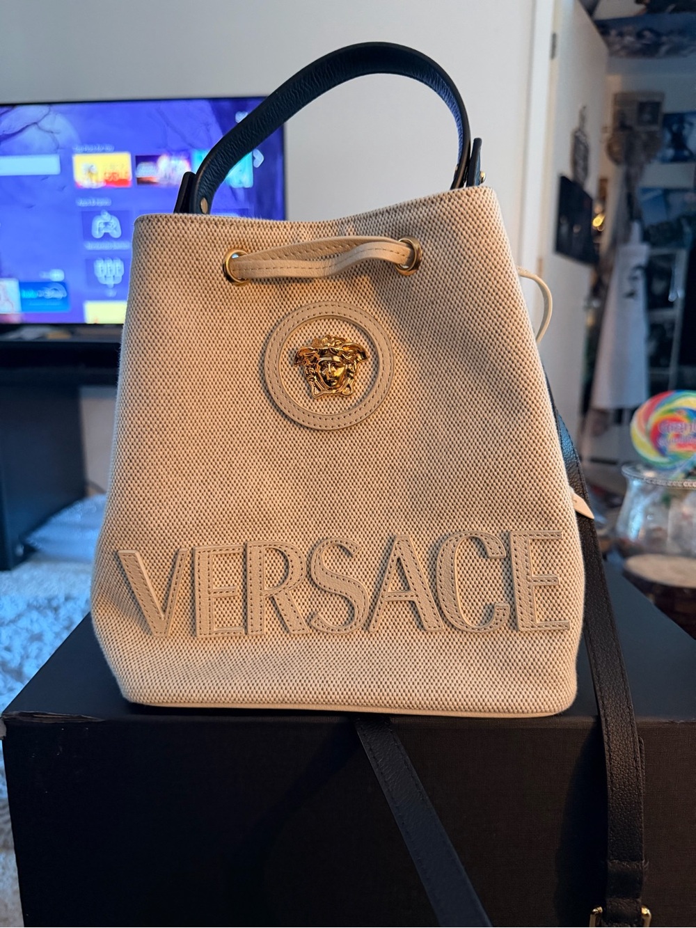 Authentic Versace Bucket Fabric+Calf Leather Purse